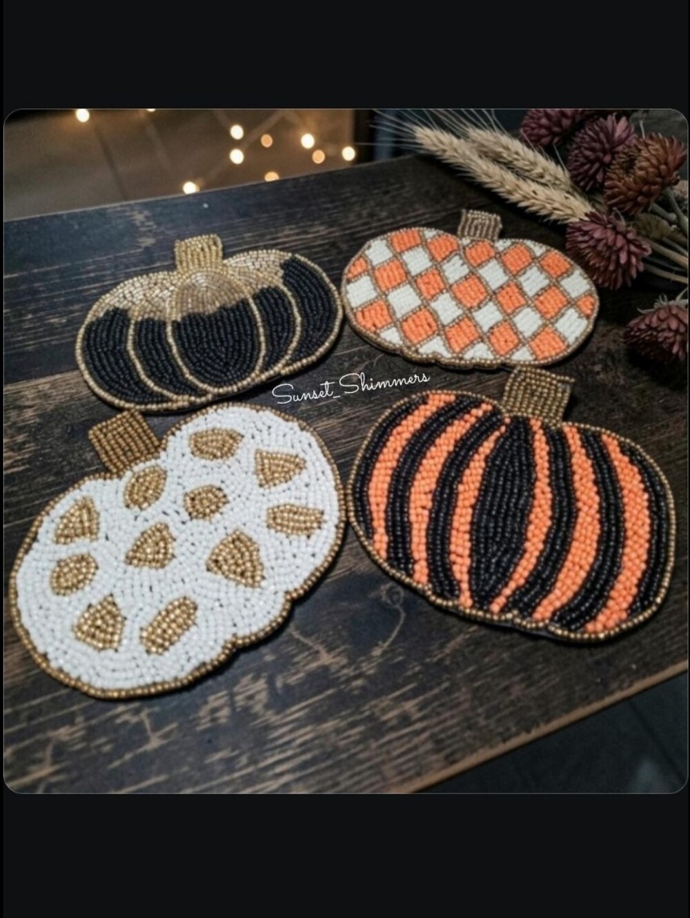 x4 Halloween Beaded Pumpkin Cocktail Coaster Set Harlaquin Dot Stripe Max Studio